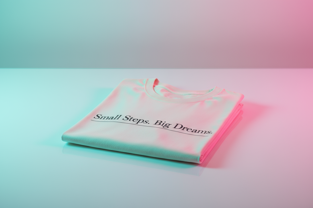Luxury studio still life of a folded unisex t-shirt on a glossy acrylic surface with a soft cyan→magenta gradient background; front panel facing up with a clean serif quote “Small Steps. Big Dreams.” centered on the chest with a thin underline; high-end color-gel lighting (teal key, magenta rim), crisp specular reflections, ultra-detailed fabric texture, premium magazine mood, no logos, no watermark.